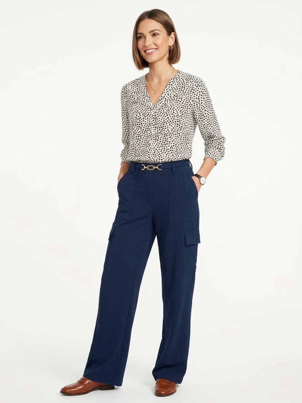 Adrianna Papell $69 P2P 21-22” Polka Dot Inverted Pleat Blouse L
